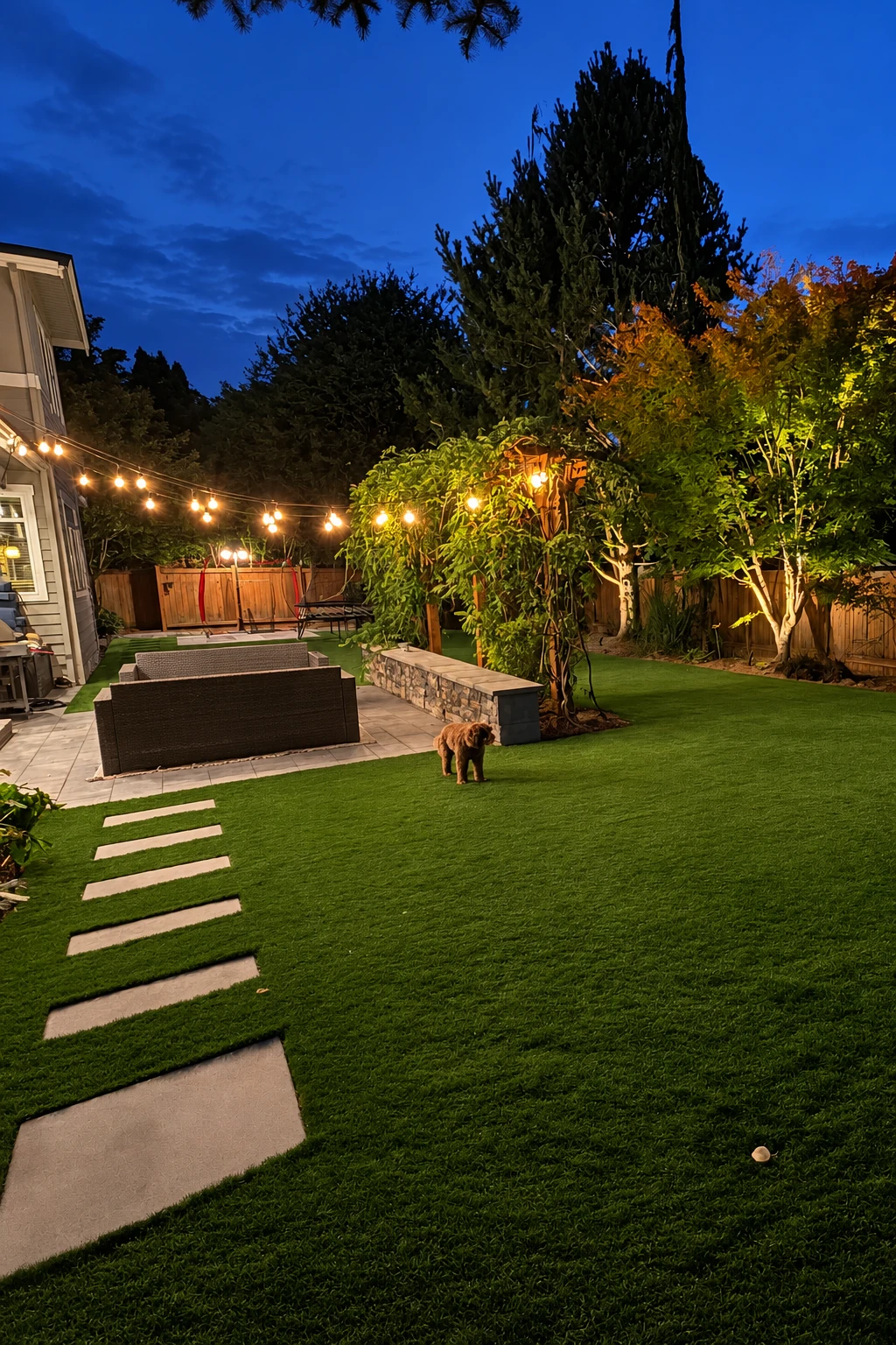 Artificial turf yard with tree lighting, photographed by jayme kennedy