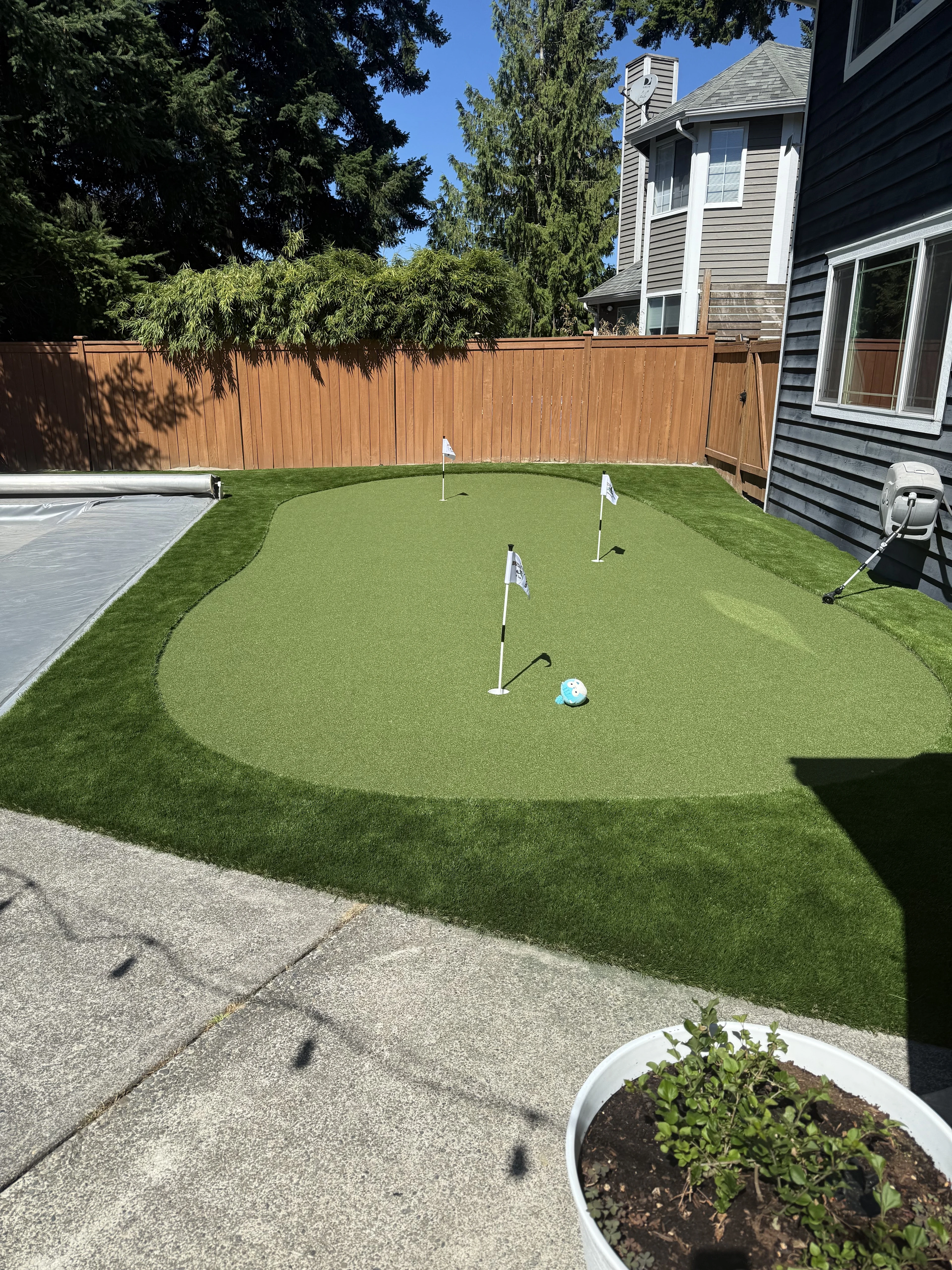 Customer photograph of a completed Wunderland putting green beside a swimming pool