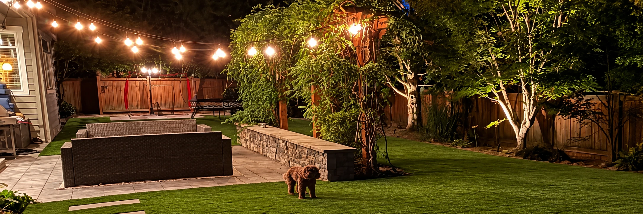 Customer photograph of an inviting turf backyard with tree lighting and a dog